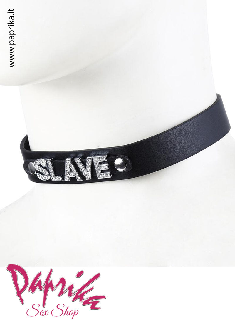 Collare Basso EcoPelle Unisex "Slave" Strass 3 Automatici Posteriori
