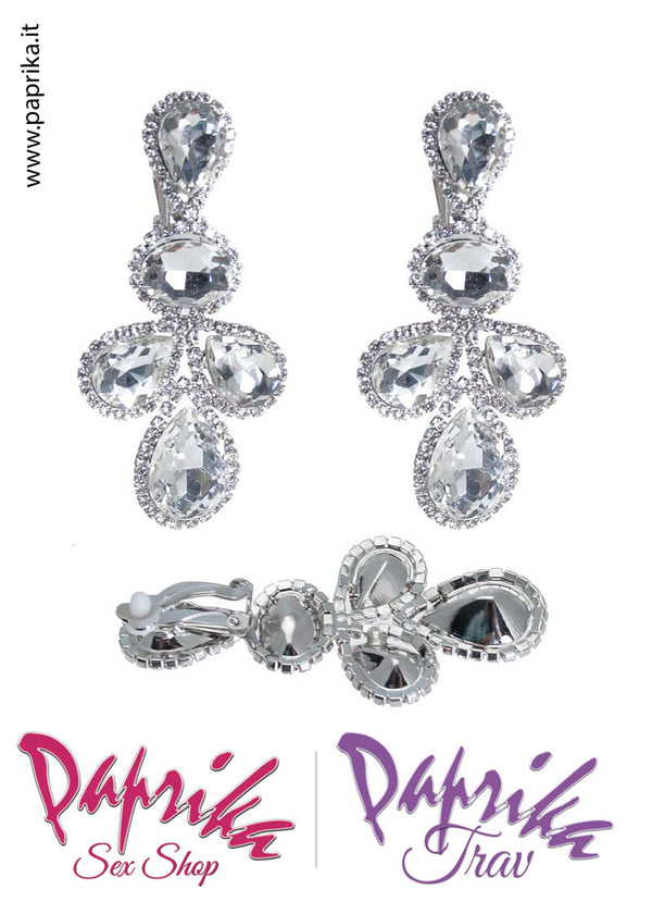 Orecchini Pendenti Cinque Strass Grandi Con Clip Metallo